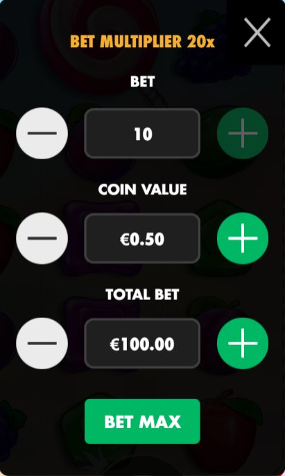 Sweet Bonanza bet sheet with bet multiplier 20×, coin value €0.50, and total bet €100. Studio panel in euro, not a Canadian lobby.