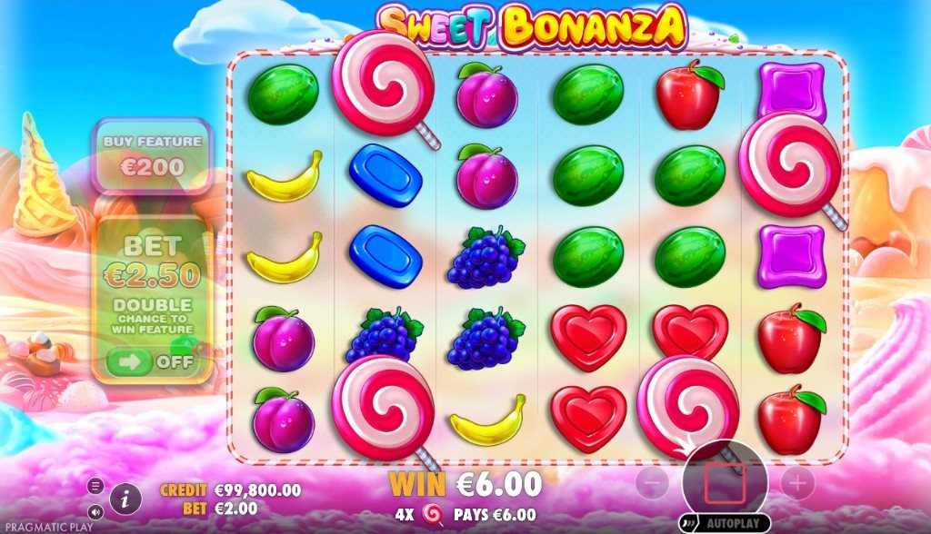 Sweet Bonanza 6×5 board with four lollipop scatters paying a win. Studio client in euro, not a Canadian lobby.