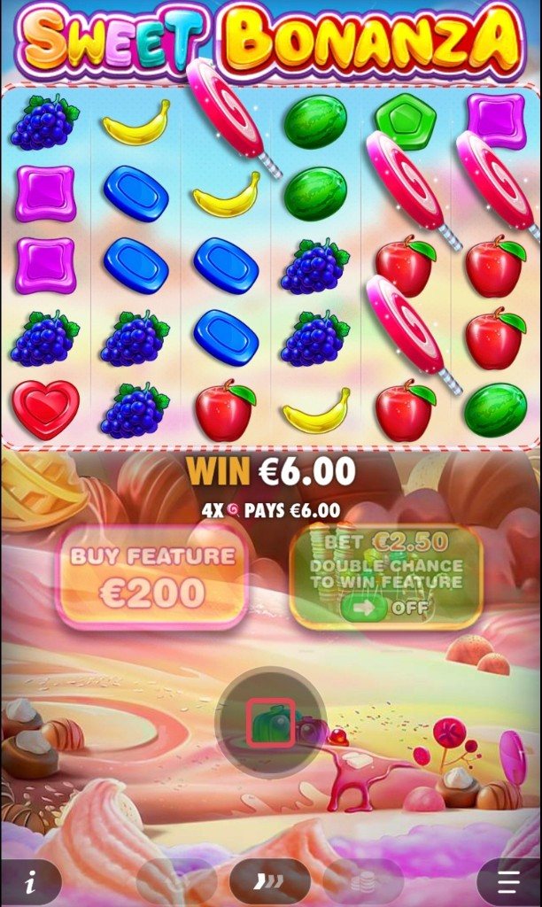 Sweet Bonanza in portrait play: 6×5 board, four lollipops paying, Buy Feature and spin. Studio client in euro.