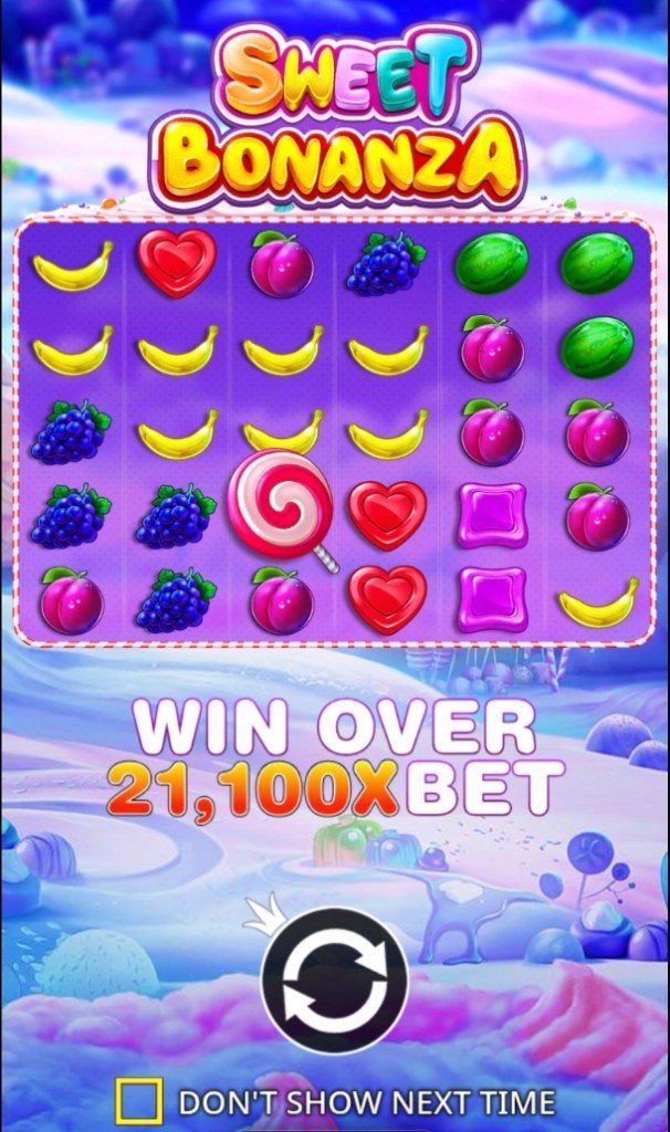 Sweet Bonanza splash on a phone: 6×5 grid, 21,100× headline, and a spin control.