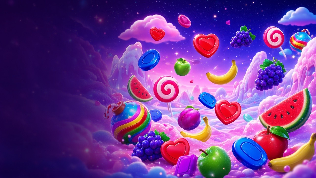 Candy-land key art for Sweet Bonanza: hearts, lollipops, fruit, and a rainbow orb over a purple sugar sky.